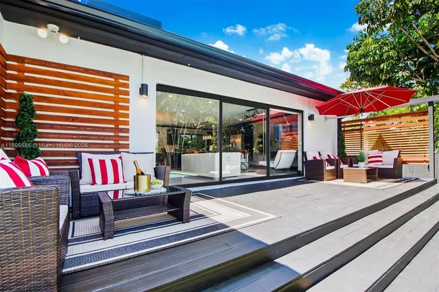 a view of a swimming pool with a garden