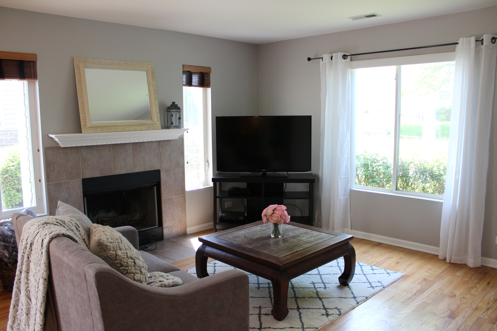 481 River Bend Road, Unit 107 Naperville, IL 60540 - Photo 11 of 17 a living room with furniture a flat screen tv and a fireplace