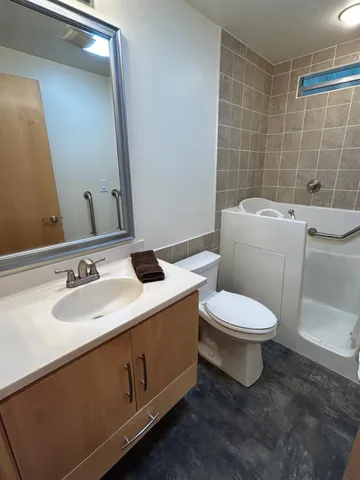 a bathroom with a bathtub