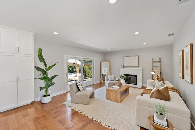 a living room with furniture a fireplace and a potted plant
