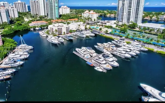 a city view with boat and palm trees