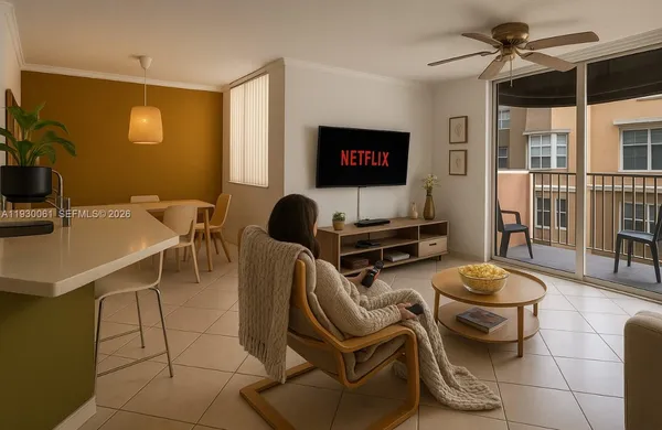 a living room with furniture a air conditioner and a table