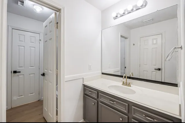 a bathroom with a sink and a mirror