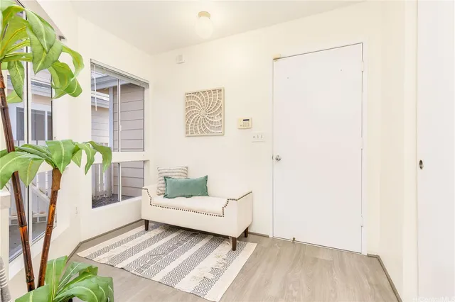 a living room with furniture and a potted plant