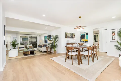 a view of a dining room with furniture