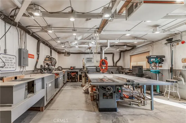 a view of a park with large trees