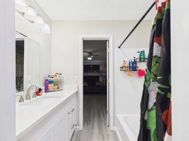 a bathroom with a sink vanity and a mirror