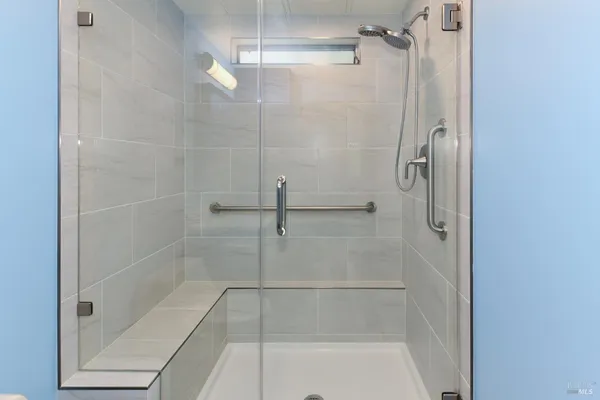 a view of a room with a window