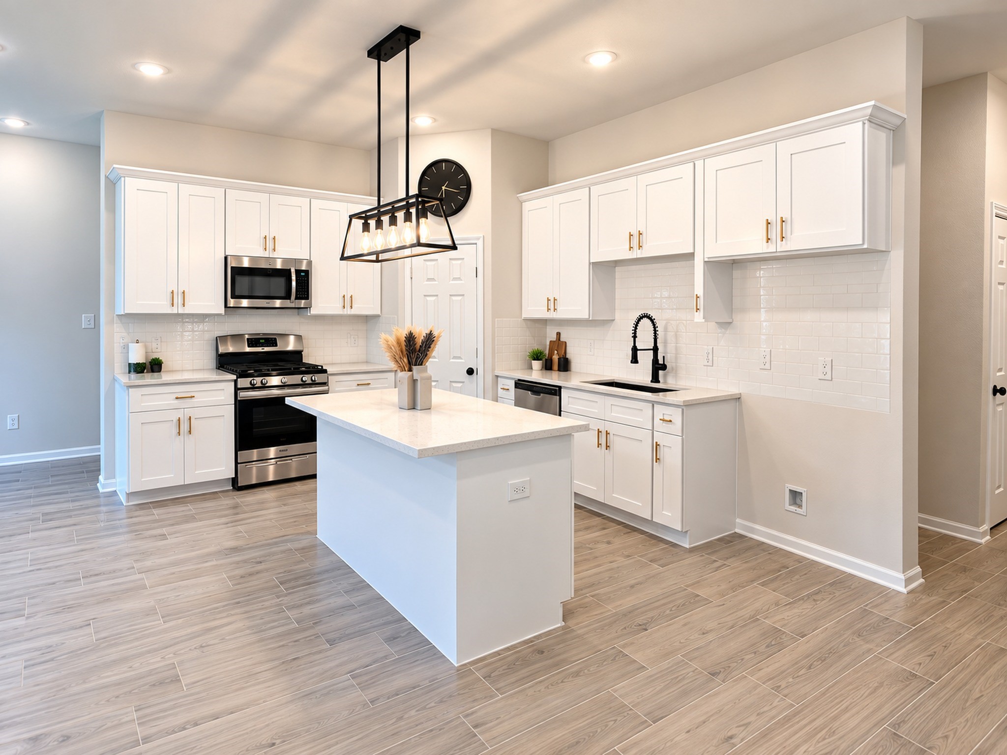 8828 Curry Road Houston, TX 77093 - Photo 2 of 15 Modern kitchen featuring sleek white cabinetry, stainless steel appliances, and a spacious island with a contemporary light fixture.
