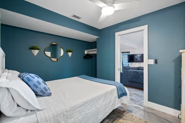 an aerial view of a house with a garden