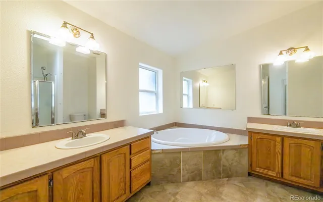 a bathroom with a tub sink and mirror