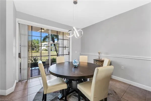 a view of a dining room with furniture window and outside view