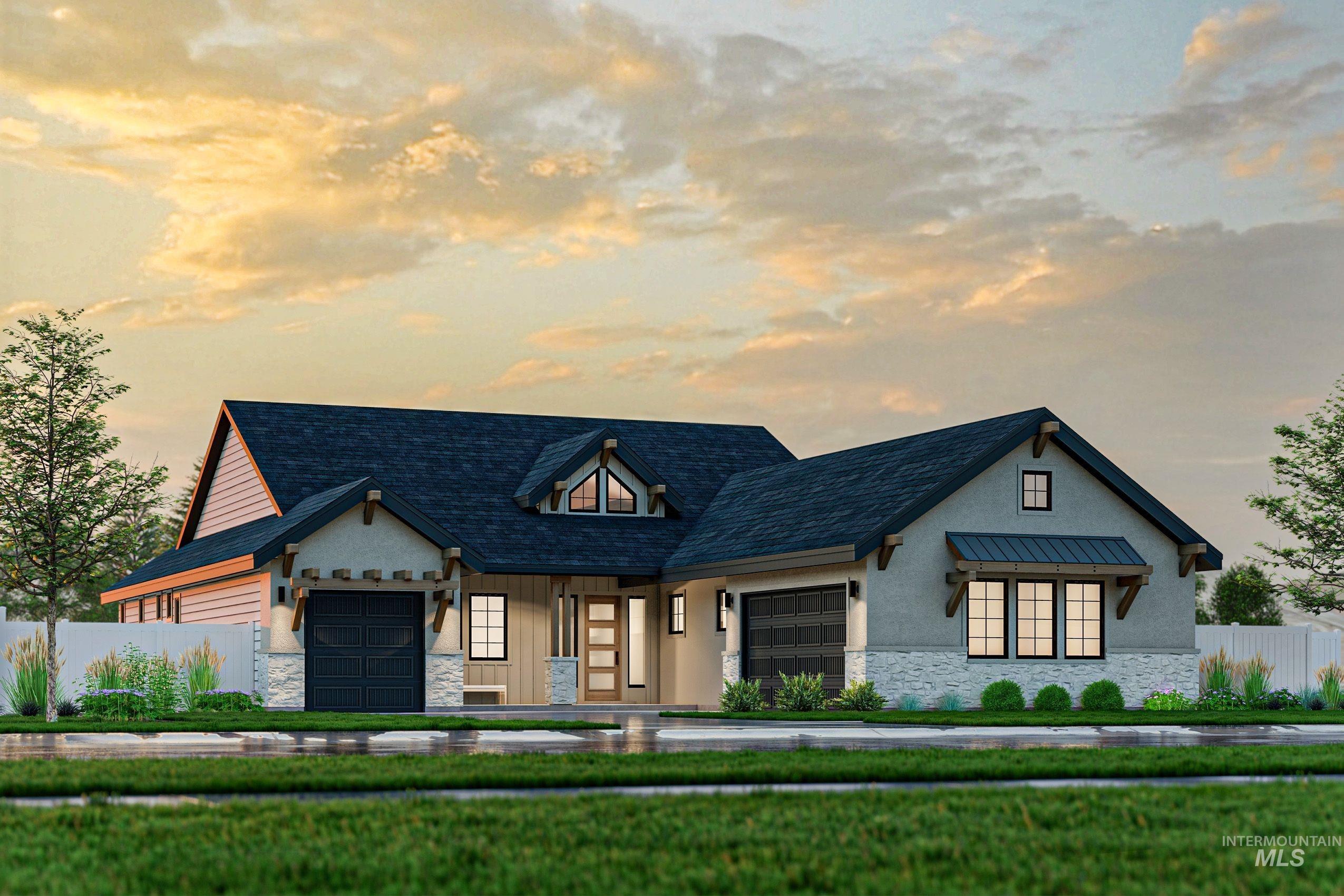 13265 North Spring Creek Way Boise, ID 83714 - Photo 2 of 35 View of front of home featuring stone siding, covered porch, an attached garage, and stucco siding