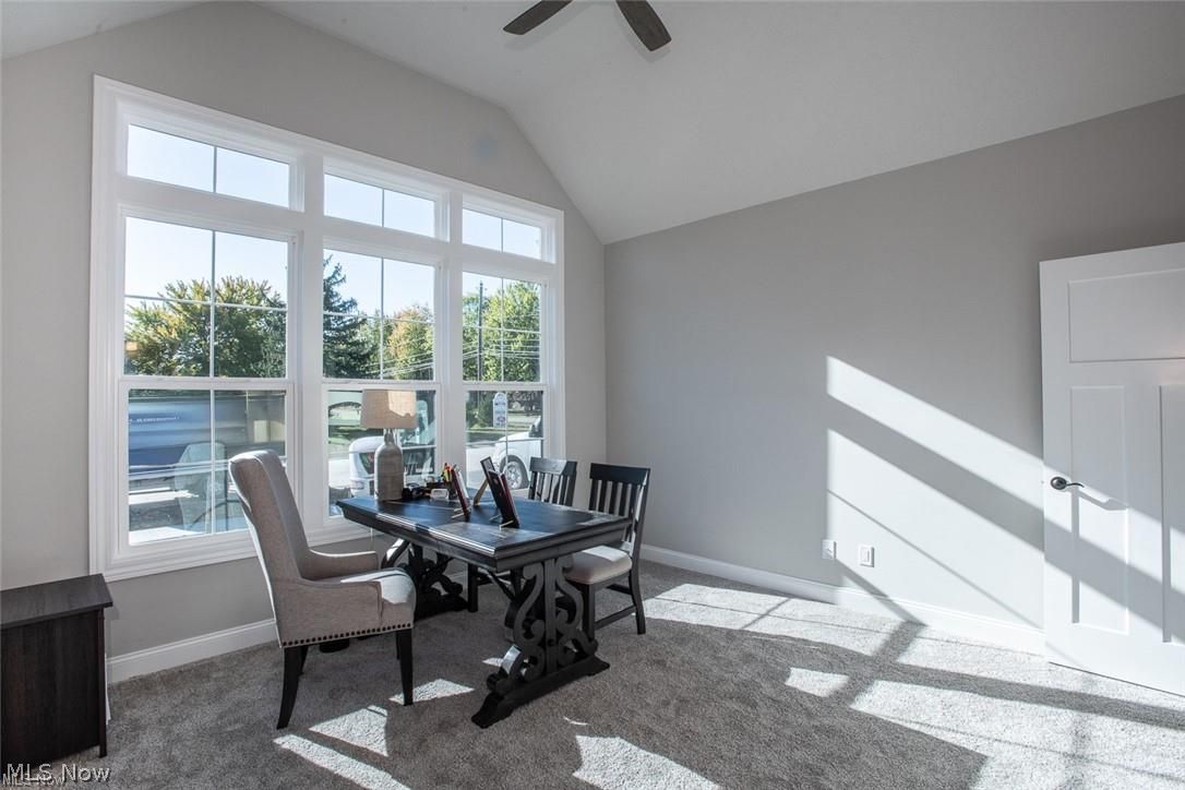 34286 Brookside Lane North Ridgeville, OH 44039 - Photo 28 of 50 Dining area featuring carpet floors, lofted ceiling, a desk, and a ceiling fan