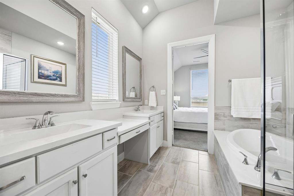 2430 Brightling Bend Forney, TX 75126 - Photo 24 of 37 Ensuite bathroom with double vanity, a garden tub, a shower stall, and recessed lighting