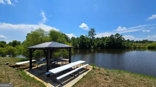 a view of a lake with houses in the back