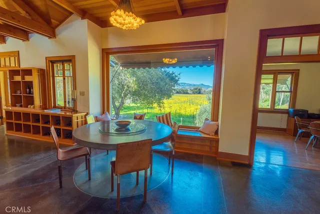 a view of a dining room with furniture wooden floor and a window