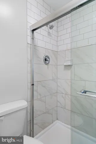 a bathroom with a toilet and a shower