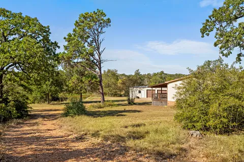 a view of a yard with trees and some houses