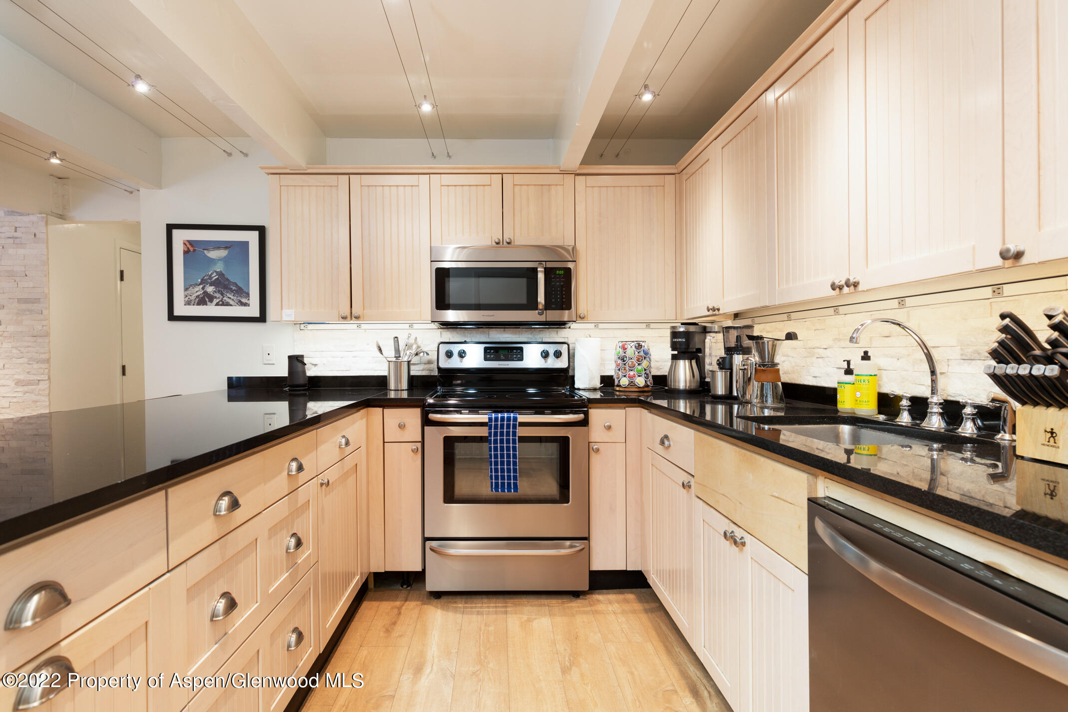 731 East Durant Avenue, Unit 6 Aspen, CO 81611 - Photo 13 of 14 a kitchen with granite countertop a sink stainless steel appliances and cabinets