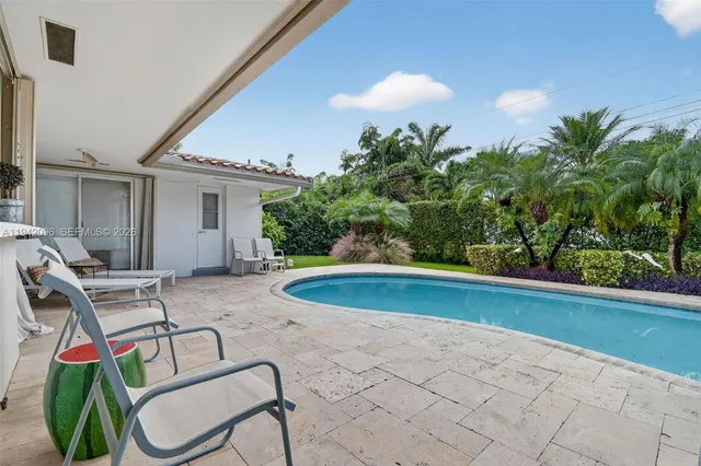 an aerial view of city and lake with trees all around