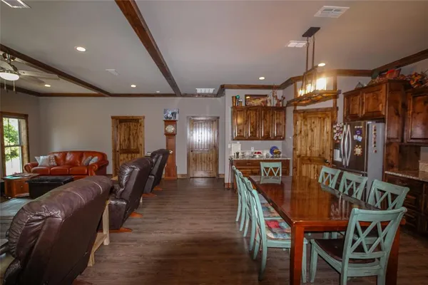 a view of a dining room with furniture