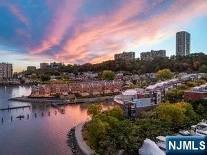 a view of a lake with a city