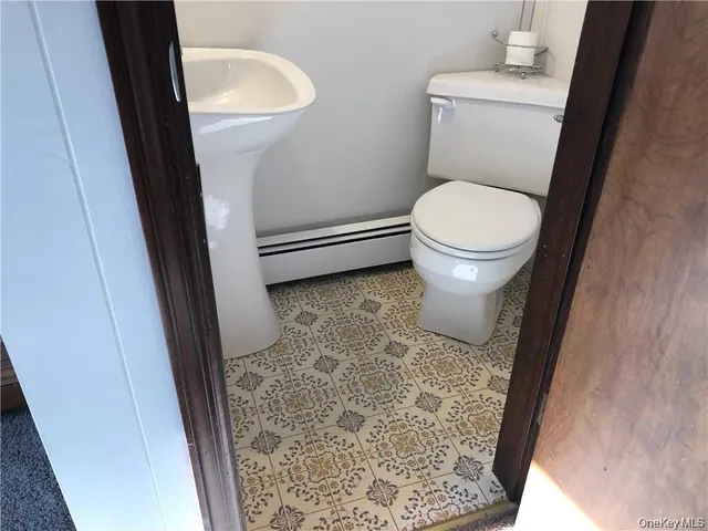 a bathroom with a toilet and a rug