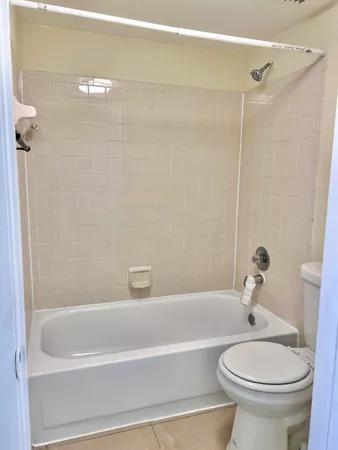 a bathroom with a shower and a toilet
