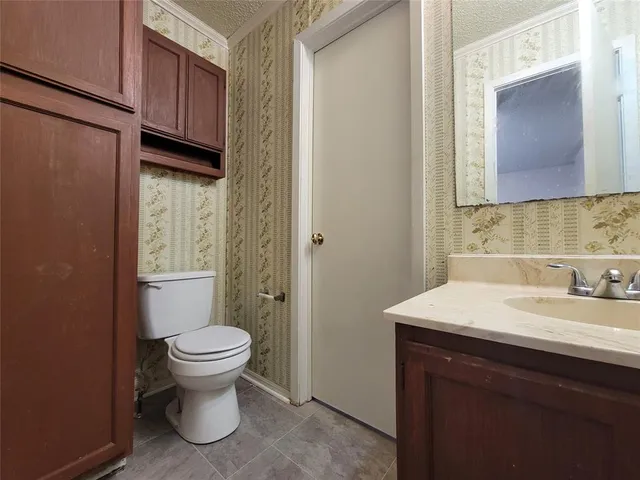 a bathroom with a sink a toilet and mirror