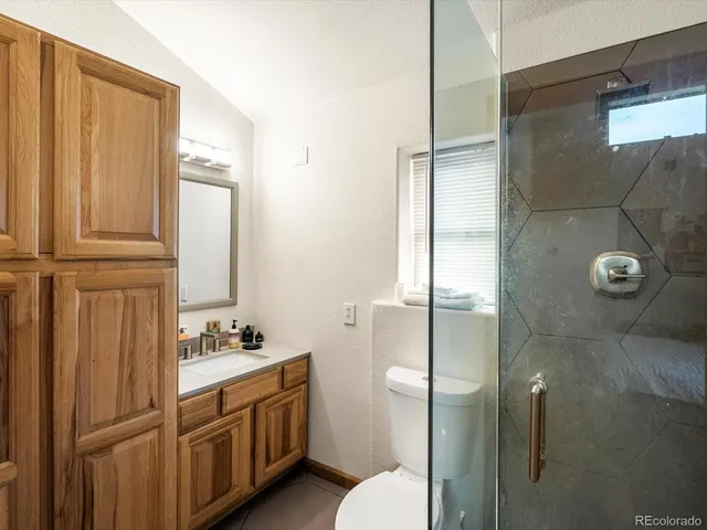 a bathroom with a sink a toilet and shower