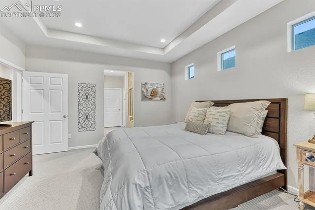 a bedroom with a large bed and a dresser