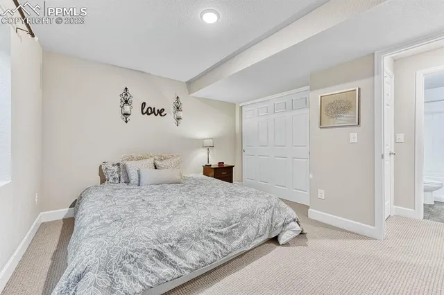 a bedroom with a large bed and a chandelier