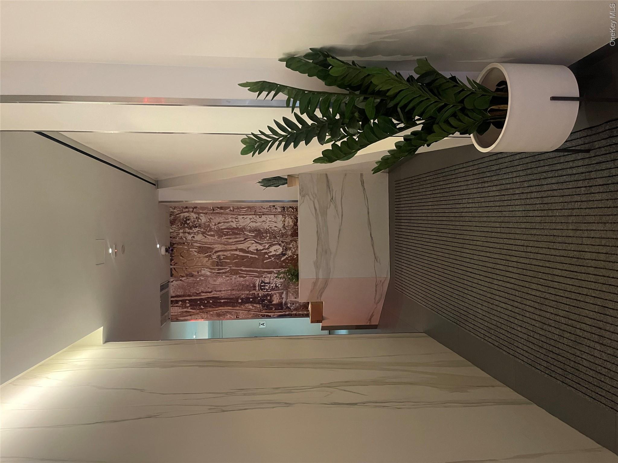 a hallway with a potted plant in front of it