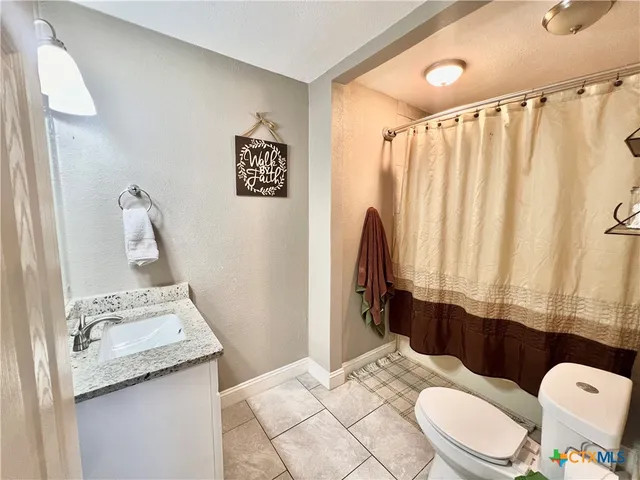 a bathroom with a sink a toilet and shower curtain