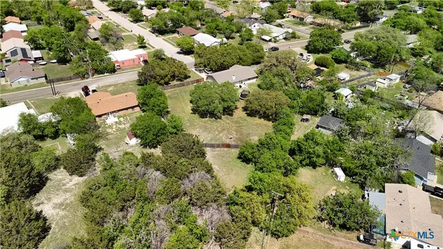 an aerial view of residential houses with outdoor space and trees