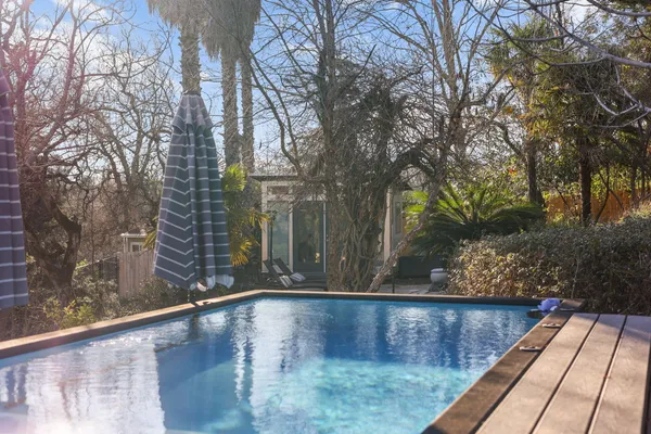 a view of a building with sitting area