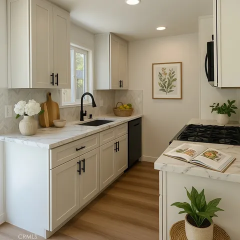 a kitchen with stainless steel appliances granite countertop white cabinets a stove top oven with wooden floor