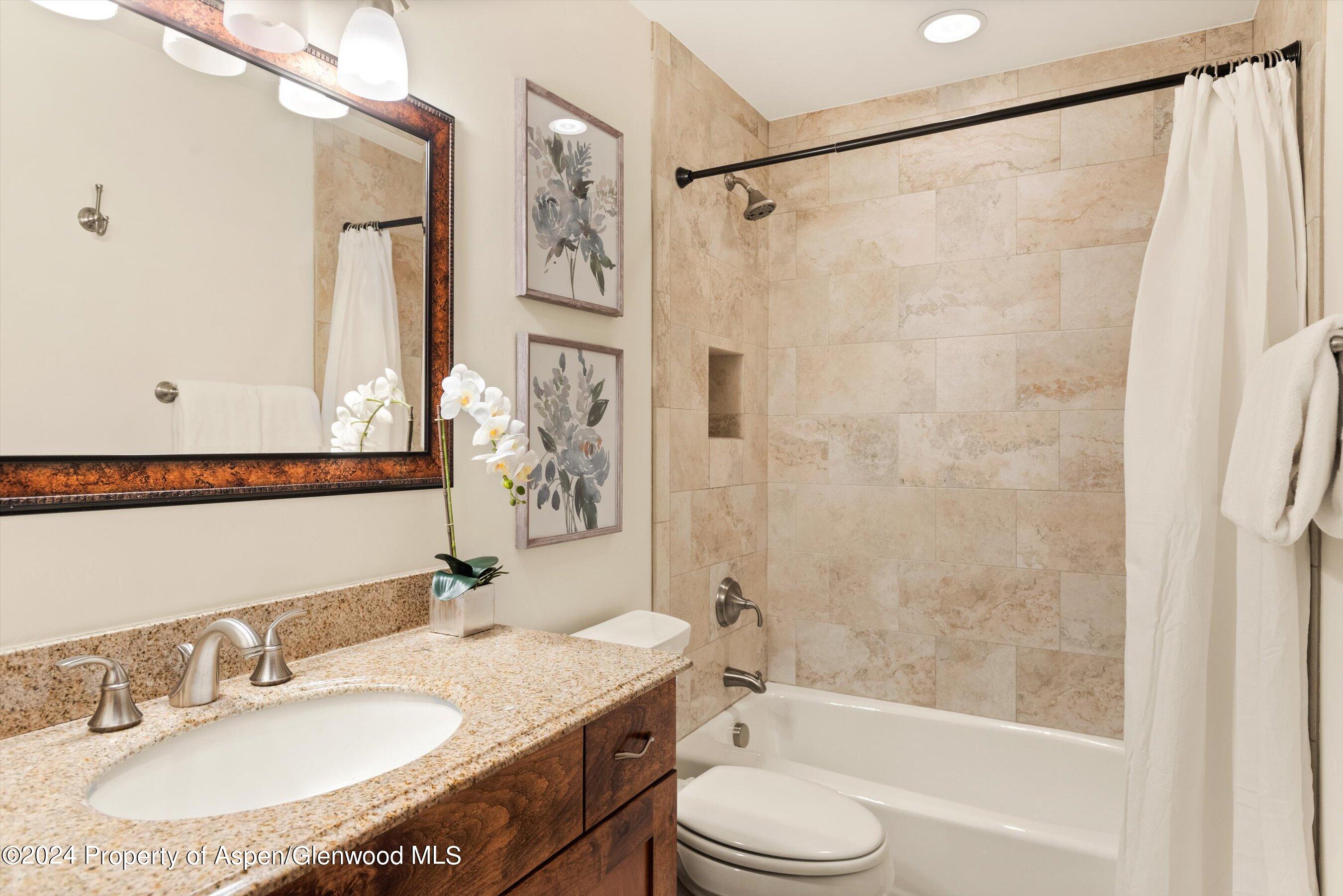 374 Meadow Ranch Road Snowmass Village, CO 81615 - Photo 19 of 22 a bathroom with a granite countertop sink toilet and shower