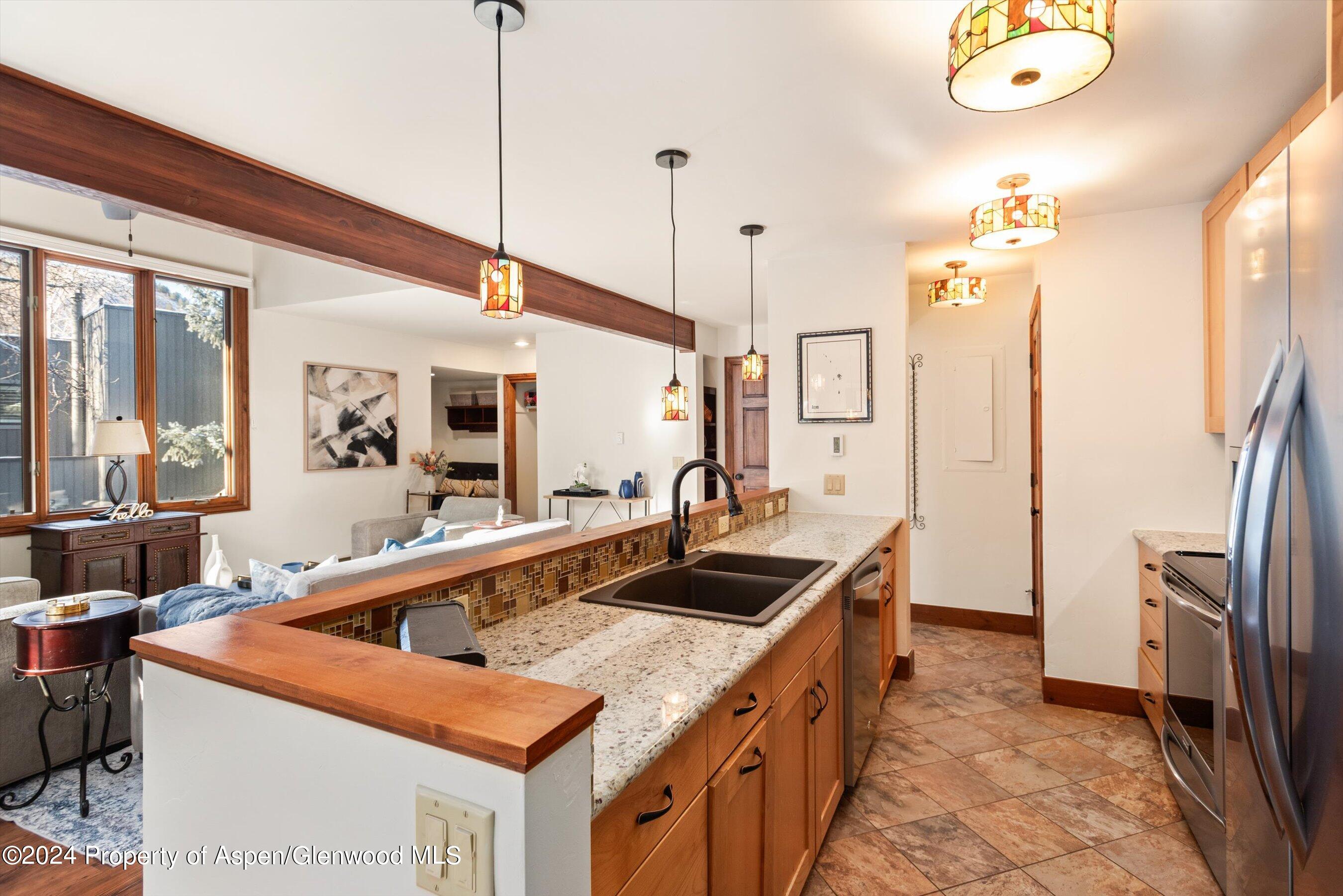 374 Meadow Ranch Road Snowmass Village, CO 81615 - Photo 9 of 22 a kitchen that has a sink a refrigerator and a stove