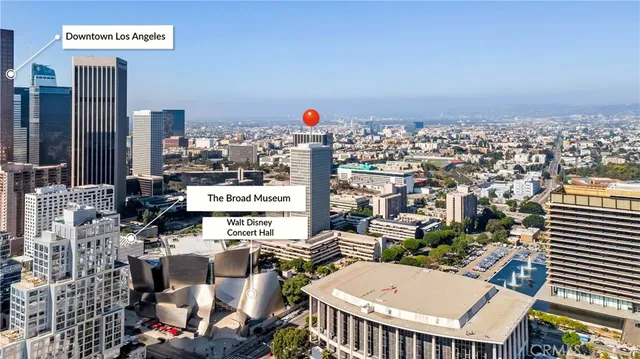 a city view with tall buildings