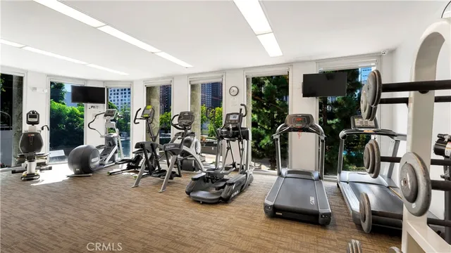 a living room with lots of gym equipment