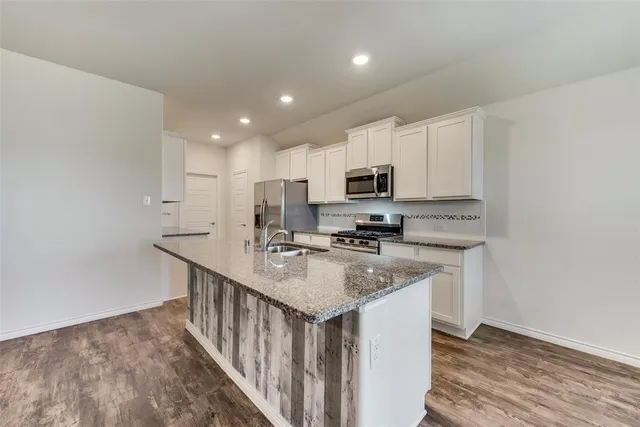a kitchen with appliances a sink and cabinets