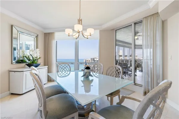 a view of a dining room with furniture window and outside view