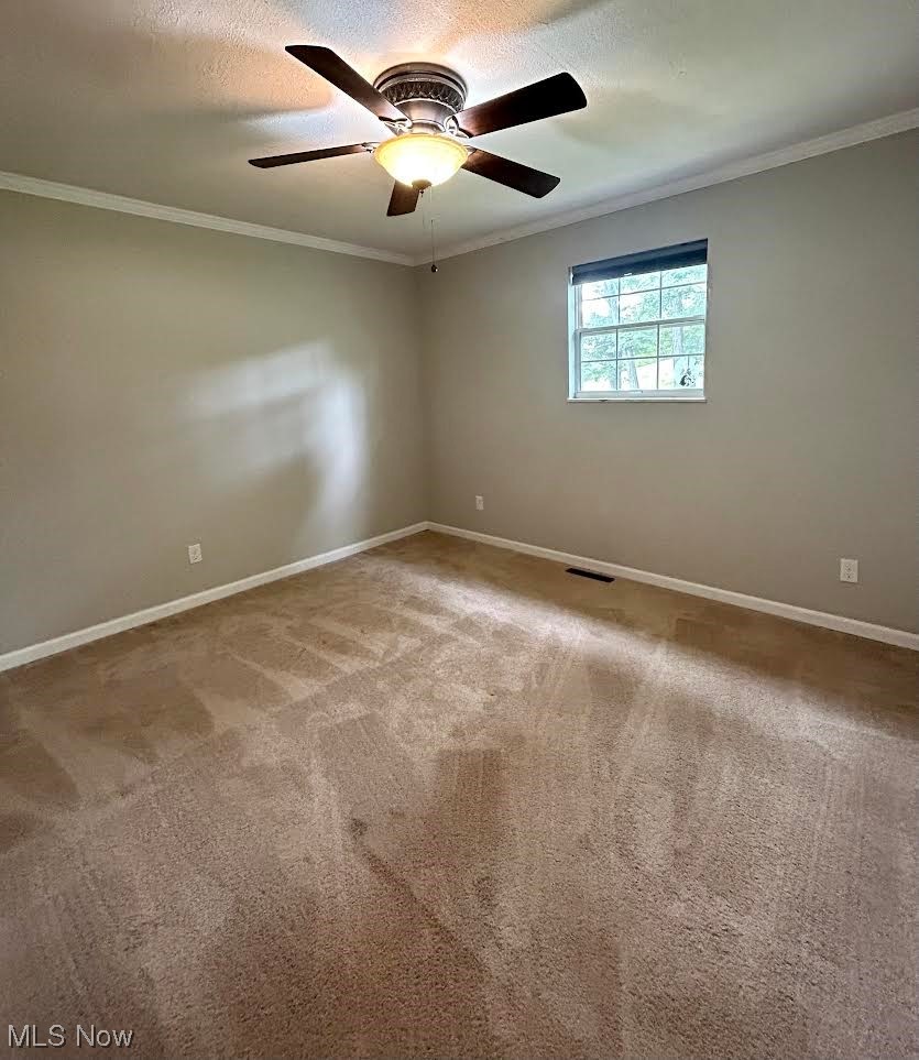 35 Chainey Run Road Marietta, OH 45750 - Photo 8 of 28 Master Bedroom featuring a textured ceiling, ornamental molding, light carpet, and ceiling fan