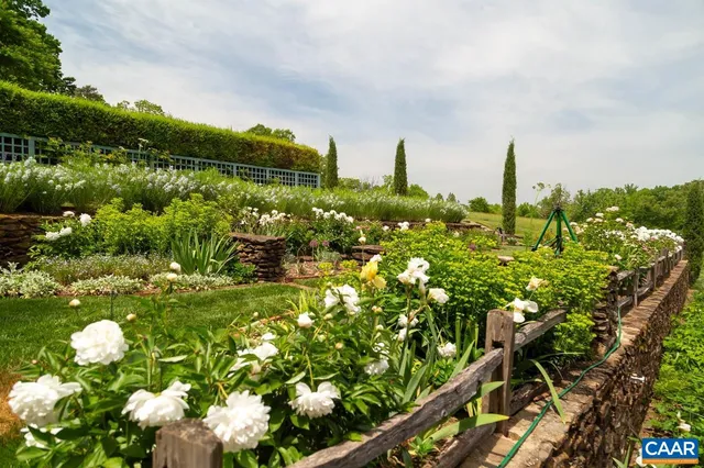 a backyard of a house with plants and a bench