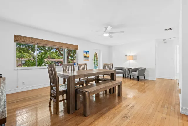 a view of a dining room with furniture window and wooden floor