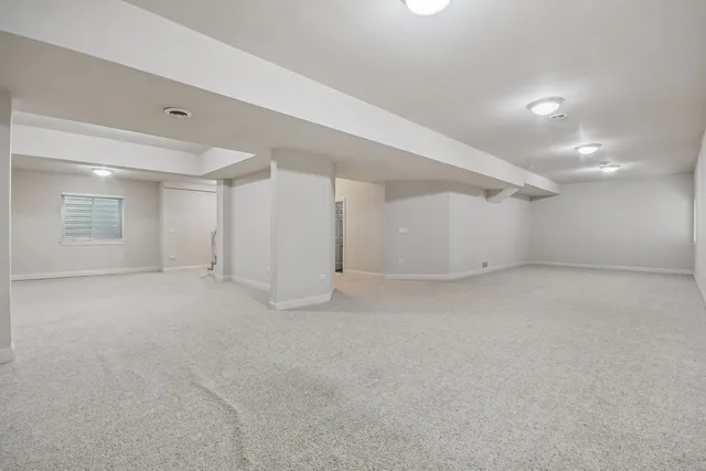 a view of a park with large trees