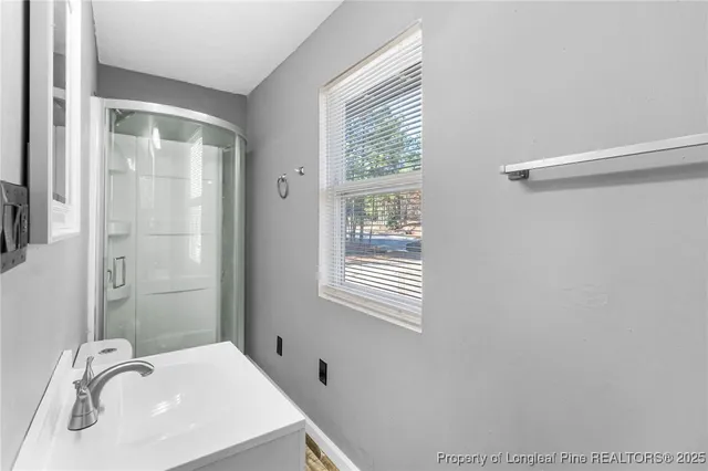 a bathroom with a sink a mirror and a shower