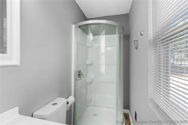a bathroom with a shower and toilet